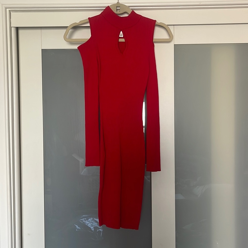 Mock neck cold shoulder red mini dress
